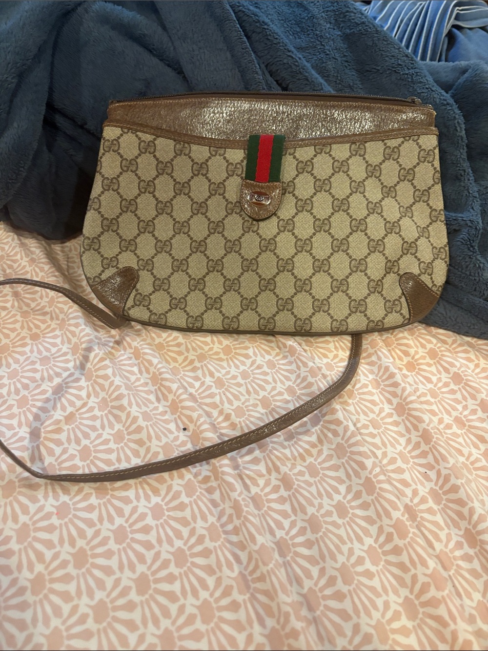 Gucci Beige Monogram Crossbody with Brown Leather and Green-Red Web